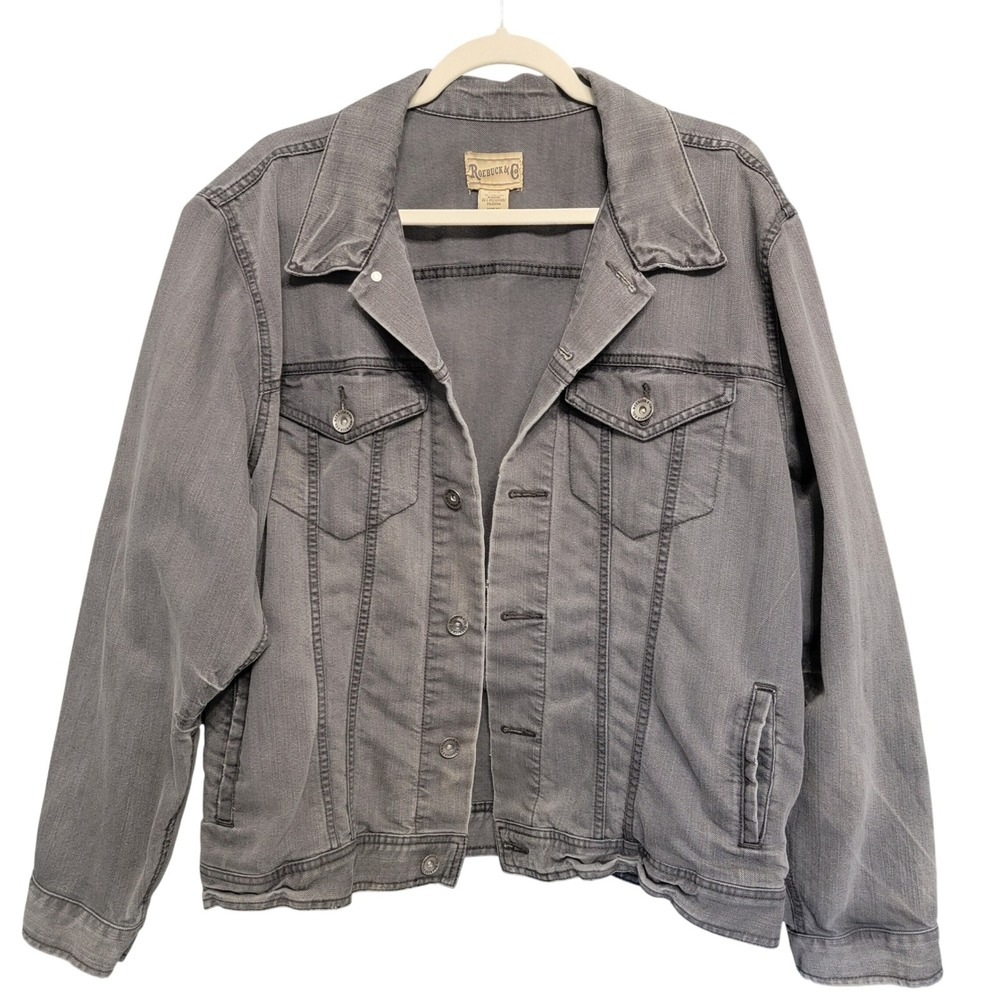 Roebuck & Co Denim Jacket Mens XL Gray Button Up Trucker Workwear Rugged Vintage